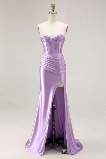 Mermaid Corset Strapless Ruched Purple Prom Dress
